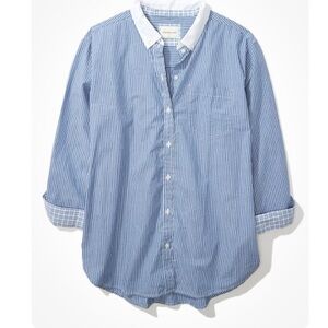 Vintage Classic Blue Striped Shirt with White Collar oversized